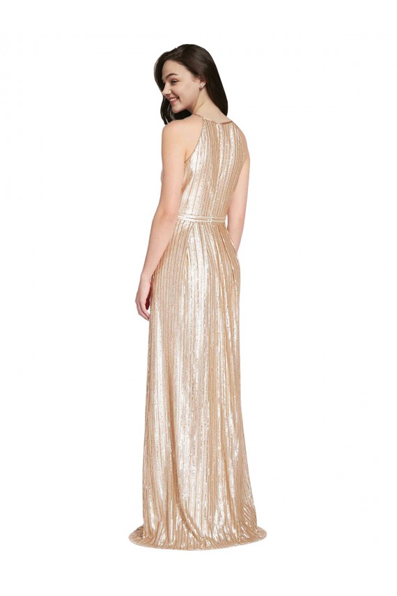 Sleeveless Gold Sheath Halter Neck Formal Evening Dress