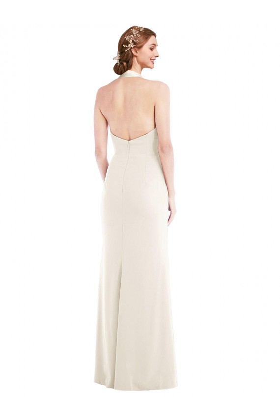 Sleeveless Ivory Low Back Trumpet Halter Neck Semi Formal Evening Dress