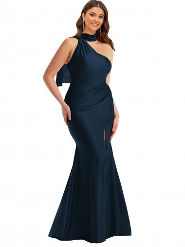 Sleeveless Dark Navy Mermaid One Shoulder Formal Plus Size Evening Dress UK Factory