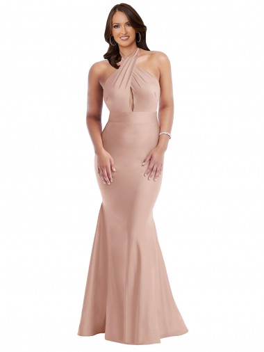 Sleeveless Dusty Pink Open Back Mermaid Halter Neck Formal Plus Size Evening Dress UK Factory