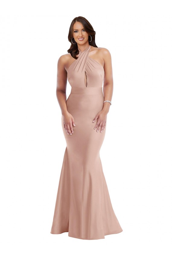 Sleeveless Dusty Pink Open Back Mermaid Halter Neck Formal Plus Size Evening Dress