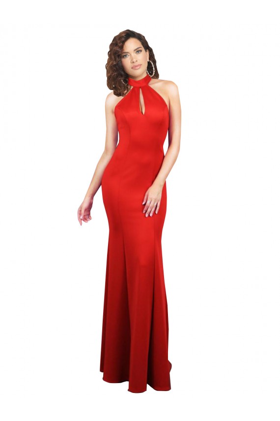 Sleeveless Red Keyhole Back Mermaid Halter Neck Formal Evening Dress