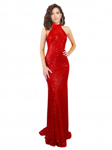 Sleeveless Red Open Back Mermaid Halter Neck Formal Evening Gown UK Factory