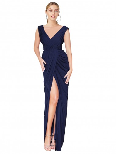 Sleeveless Dark Navy V-Back Mermaid V-Neck Formal Evening Dress UK Factory