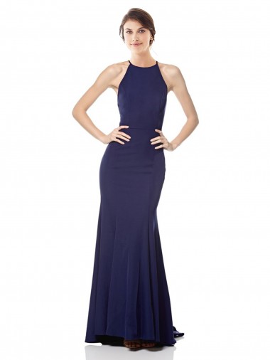 Sleeveless Navy Blue Mermaid Halter Neck Evening Dress UK Factory