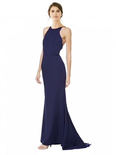 Sleeveless Navy Blue Criss Cross Open Back Mermaid Halter Neck Formal Evening Dress UK Factory