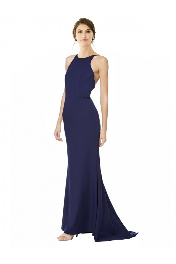 Sleeveless Navy Blue Criss Cross Open Back Mermaid Halter Neck Formal Evening Dress