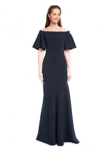 Short Sleeves Dark Navy Mermaid Off the Shoulder Evening Dress UK Factory