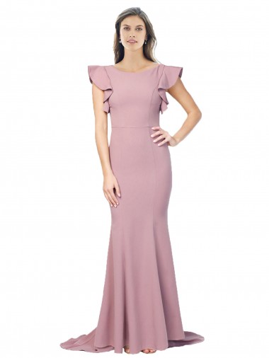 Flutter Sleeves Dusty Pink Low Back Mermaid Round Neck Formal Evening Dress UK Factory