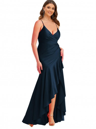 Sleeveless Dark Navy Mermaid Spaghetti Straps High Low Plus Size Evening Dress UK Factory