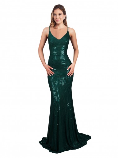 Sleeveless Dark Green Low Back Mermaid V-Neck Formal Evening Dress UK Factory