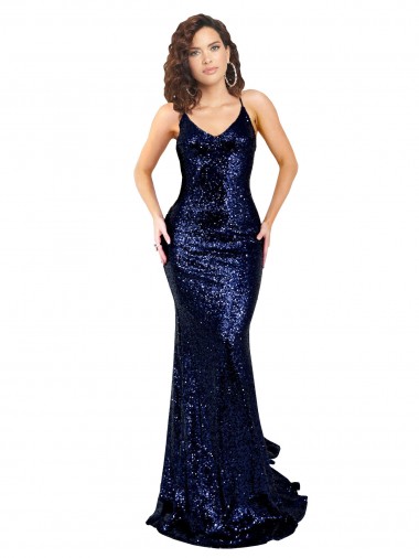 Sleeveless Dark Navy Low Back Mermaid V-Neck Formal Evening Dress UK Factory