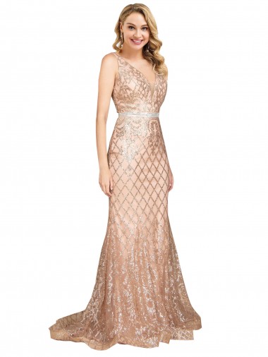 Sleeveless Rose Gold V-Back Mermaid V-Neck Formal Plus Size Evening Dress UK Factory