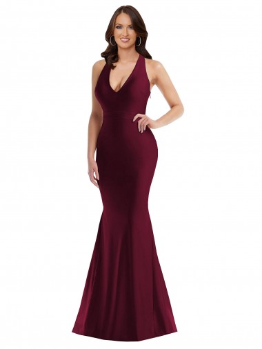 Sleeveless Burgundy Open Back Mermaid V-Neck Formal Plus Size Evening Dress UK Factory