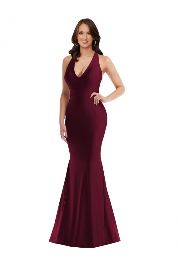 Sleeveless Burgundy Open Back Mermaid V-Neck Formal Plus Size Evening Dress