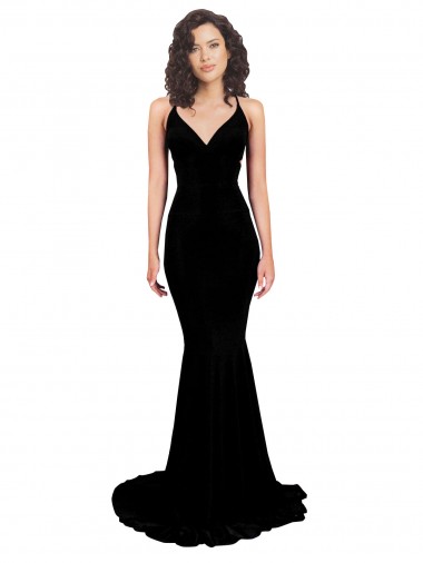 Sleeveless Black Open Back Mermaid V-Neck Formal Evening Dress UK Factory