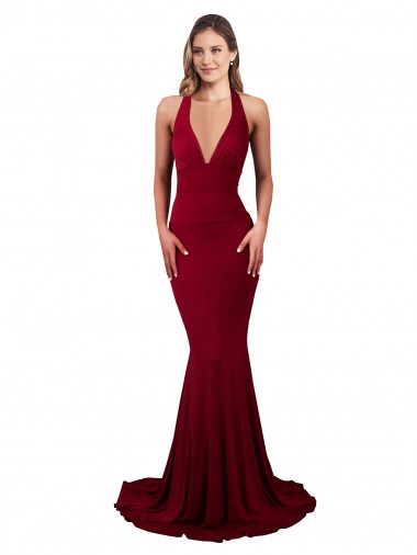 Sleeveless Burgundy Open Back Mermaid Halter Neck Formal Evening Dress UK Factory