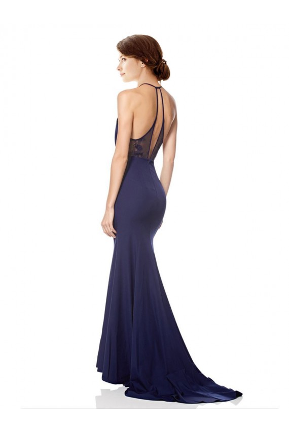 Sleeveless Navy Blue Mermaid Halter Neck Evening Dress