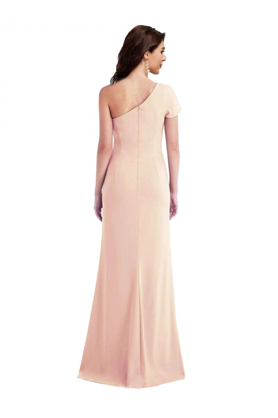 Cap Sleeves Nude Trumpet One Shoulder Formal Evening Dress