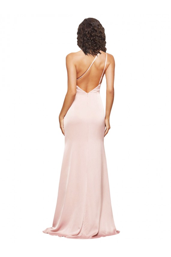 Sleeveless Pink Low Back Sheath Silky Satin One Shoulder Formal Evening Dress