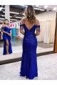 Sleeveless Royal Blue Sheath Spaghetti Straps Evening Gown