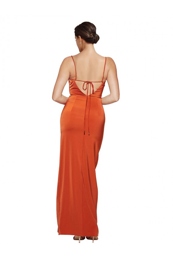 Sleeveless Rust Criss Cross Back Sheath Spaghetti Straps Formal Evening Dress