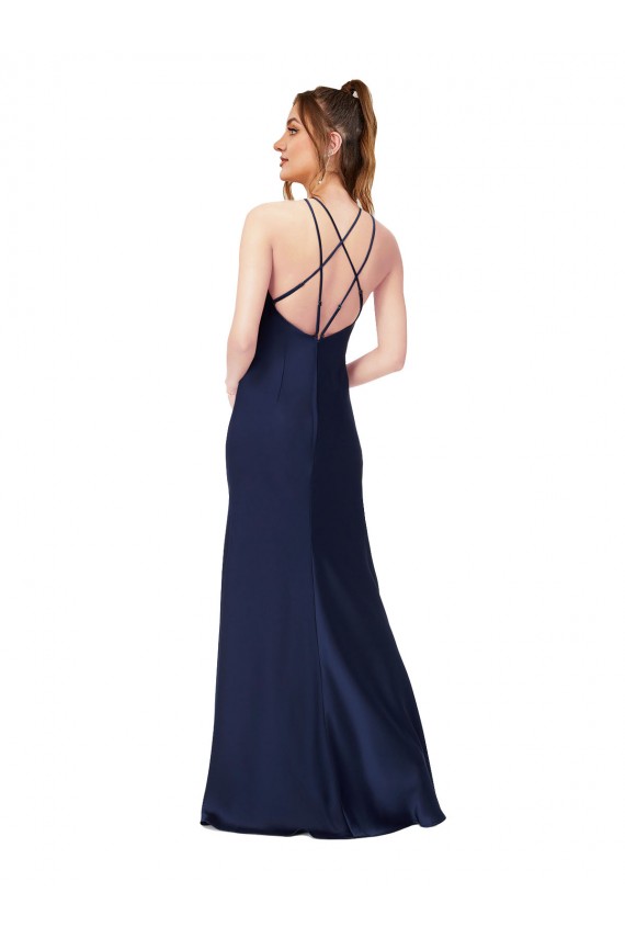 Sleeveless Sapphire Criss Cross Back Sheath High Neck Formal Evening Dress