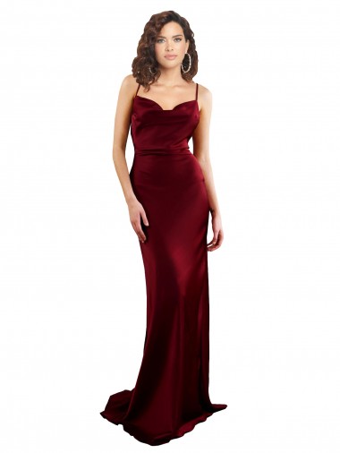 Sleeveless Burgundy Criss Cross Open Back Sheath Silky Satin Cowl Neck Formal Evening Dress UK Factory