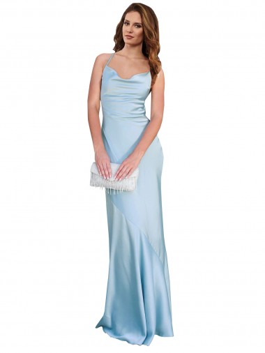 Sleeveless Light Sky Blue Criss Cross Open Back Sheath Cowl Neck Formal Evening Dress UK Factory