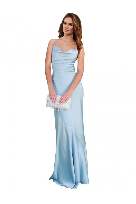 Sleeveless Light Sky Blue Criss Cross Open Back Sheath Cowl Neck Formal Evening Dress