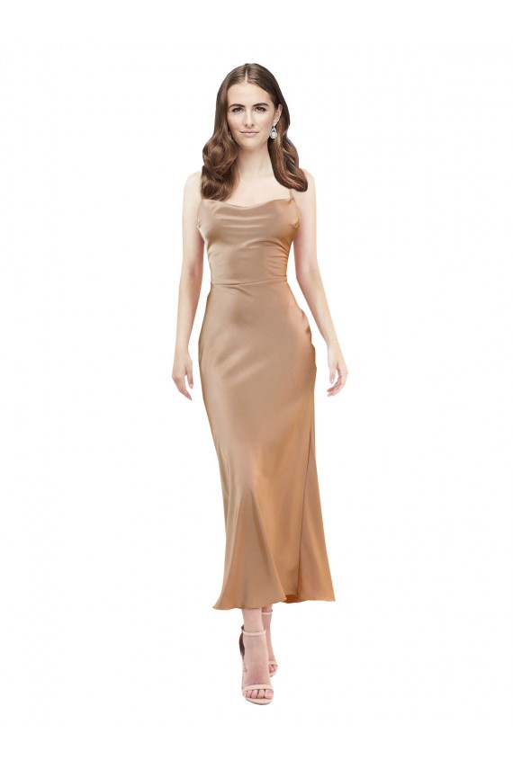 Sleeveless Rose Gold Low Back Sheath Cowl Neck Formal Evening Dress