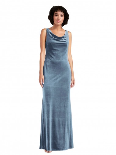 Sleeveless Dusty Blue V-Back Sheath Cowl Neck Evening Dress UK Factory