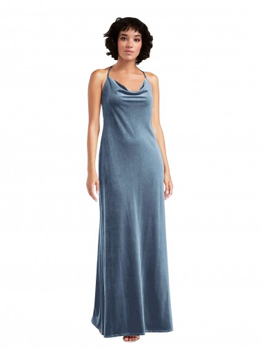 Sleeveless Dusty Blue V-Back Sheath Cowl Neck Evening Gown UK Factory