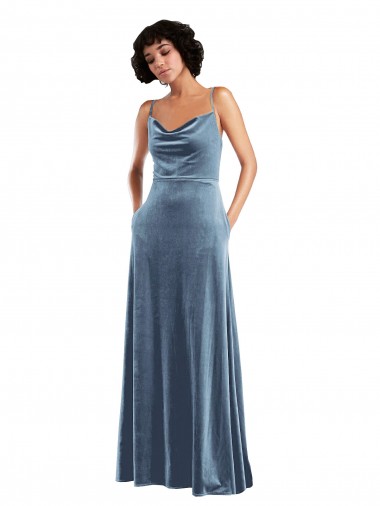 Sleeveless Dusty Blue Criss Cross Open Back Sheath Cowl Neck Semi Formal Evening Dress UK Factory