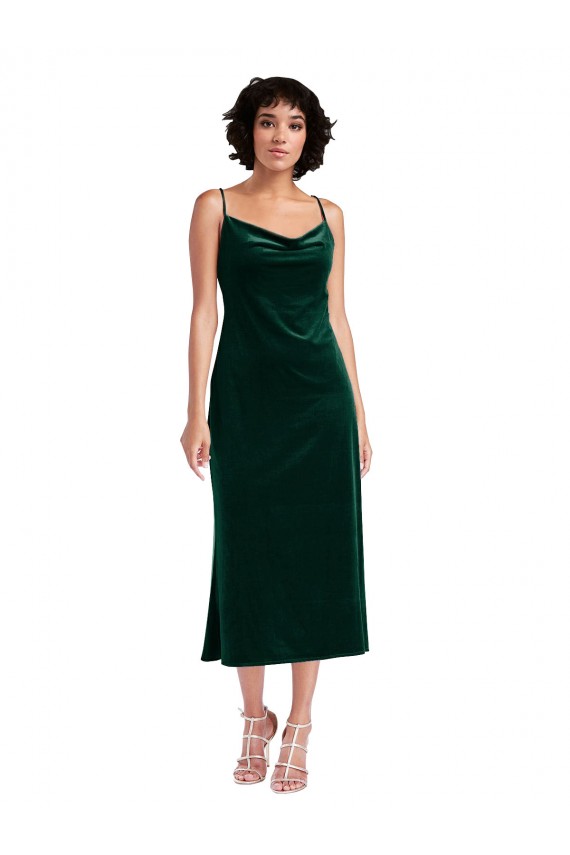 Sleeveless Dark Green Criss Cross Open Back Sheath Cowl Neck Black Tie Evening Dress