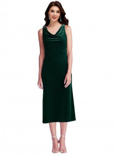 Sleeveless Dark Green V-Back Sheath Cowl Neck Evening Dress UK Factory