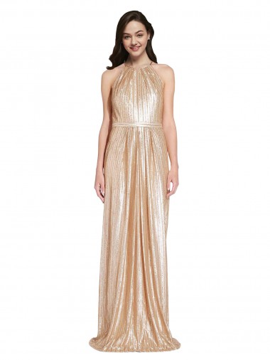 Sleeveless Gold Sheath Halter Neck Formal Evening Dress UK Factory