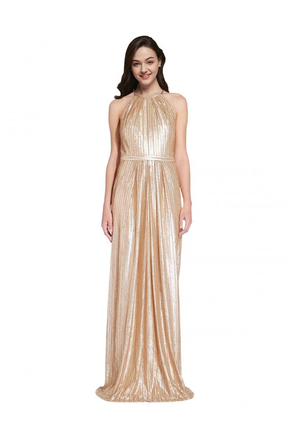 Sleeveless Gold Sheath Halter Neck Formal Evening Dress