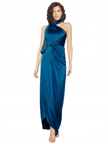 Sleeveless Peacock Blue Sheath Halter Neck Formal Evening Dress UK Factory