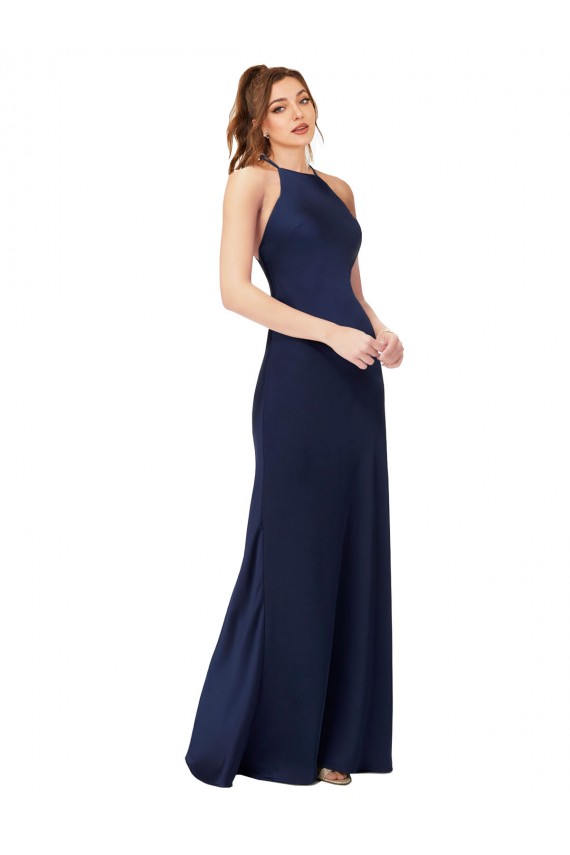 Sleeveless Sapphire Criss Cross Back Sheath High Neck Formal Evening Dress