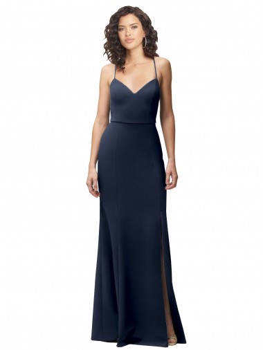 Sleeveless Dark Navy Criss Cross Back Sheath Spaghetti Straps Formal Evening Dress UK Factory