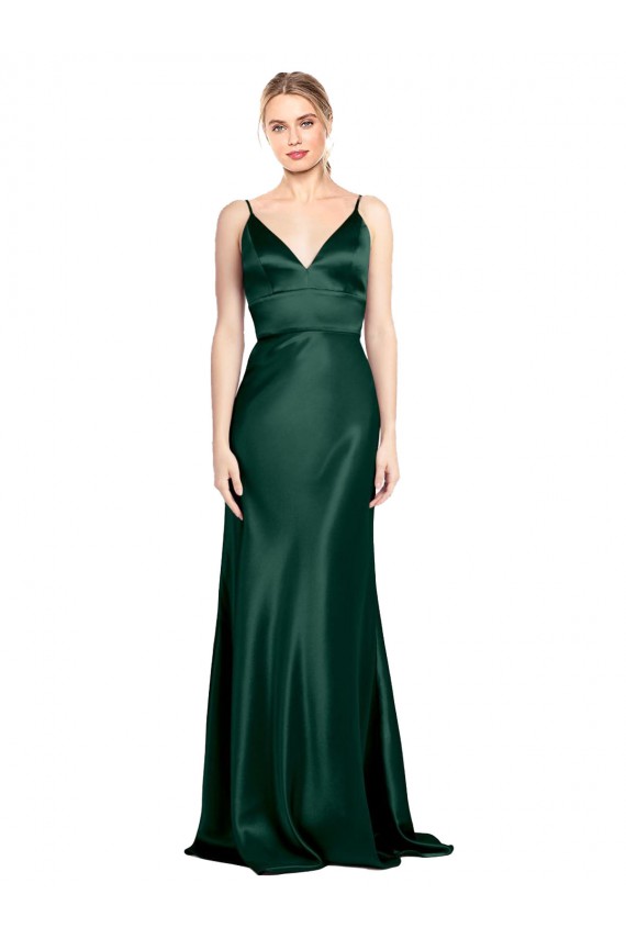 Sleeveless Hunter V-Back Sheath Spaghetti Straps Formal Evening Dress