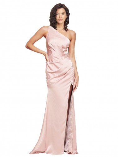 Sleeveless Pink Low Back Sheath Silky Satin One Shoulder Formal Evening Dress UK Factory