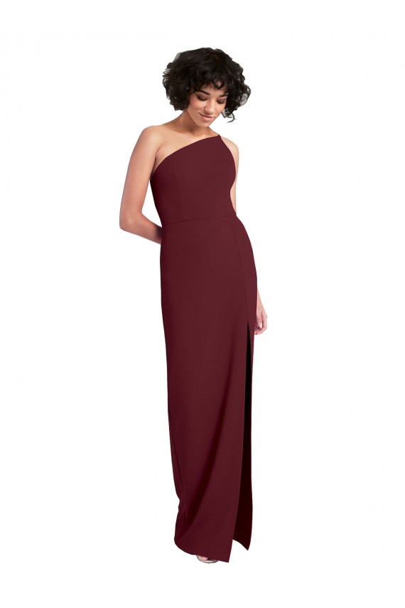 Sleeveless Burgundy Gold Sheath One Shoulder Formal Evening Dress