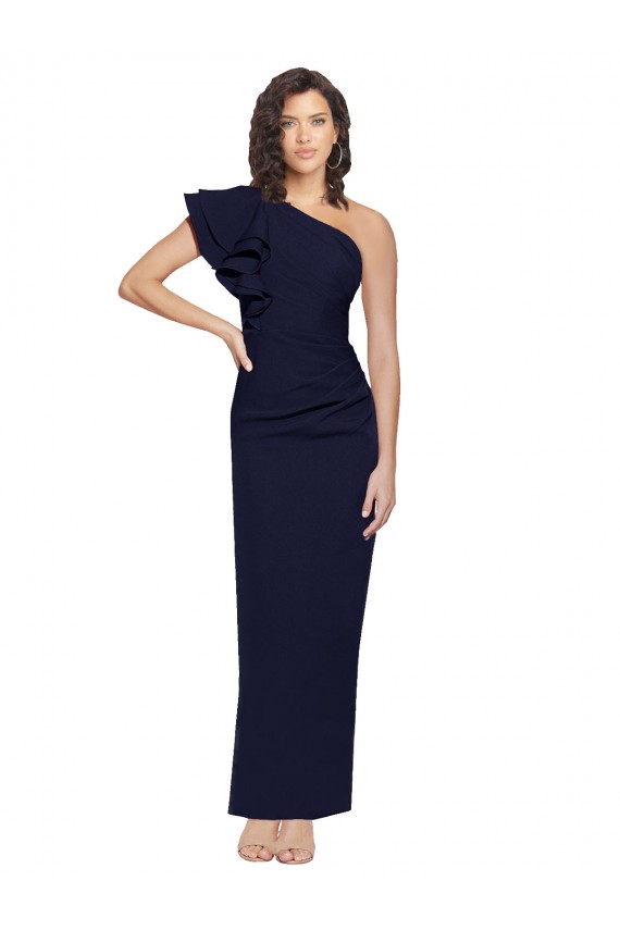 Sleeveless Dark Navy Sheath One Shoulder Formal Evening Dress