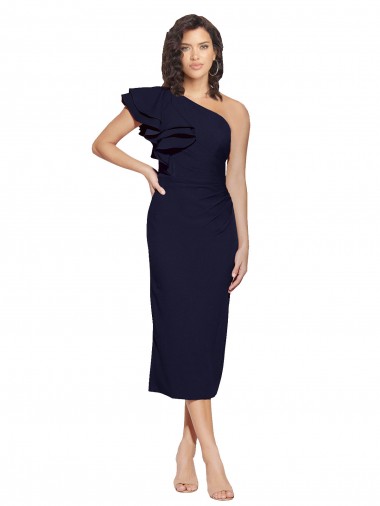 Sleeveless Dark Navy Sheath Stretch Crepe One Shoulder Formal Evening Dress UK Factory