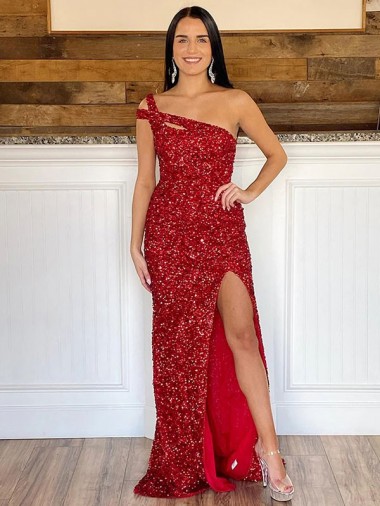 Sleeveless Burgundy Sheath Velvet Sequin One Shoulder Evening Dresses UK Factory