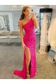 Sleeveless Fuchsia Sheath One Shoulder Evening Gown