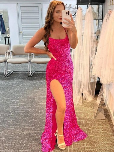 Sleeveless Fuchsia Sheath Spaghetti Straps Evening Dress UK Factory