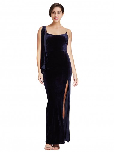 Sleeveless Dark Navy Low Back Sheath Spaghetti Straps Formal Evening Dress UK Factory